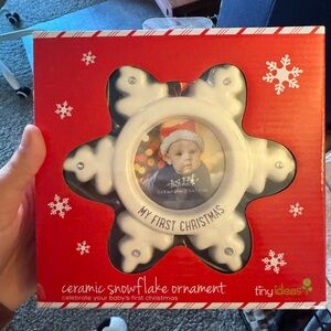 Tiny Ideas White Ceramic Snowflake "My First Christmas" Photo Ornament